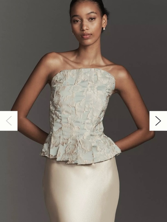 Porridge Tops - Porridge- Strapless Pale Sage Floral Jacquard Peplum Top - Size Small